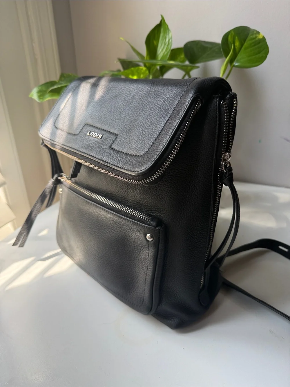 Lodis Black Leather Convertible Top-Handle Backpack